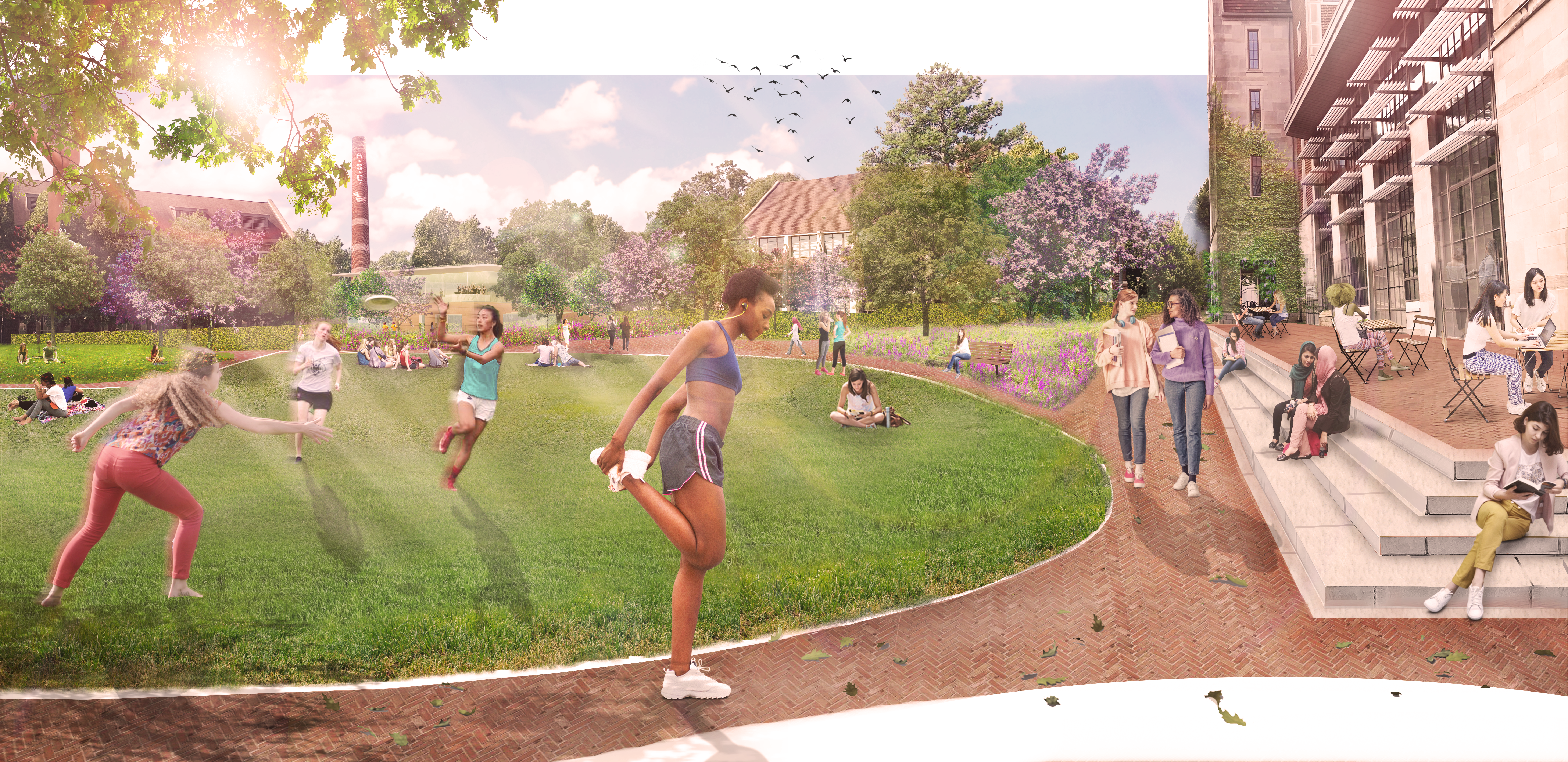 Rendering of students on circular green exercising and playing sports and socializing on adjacent steps