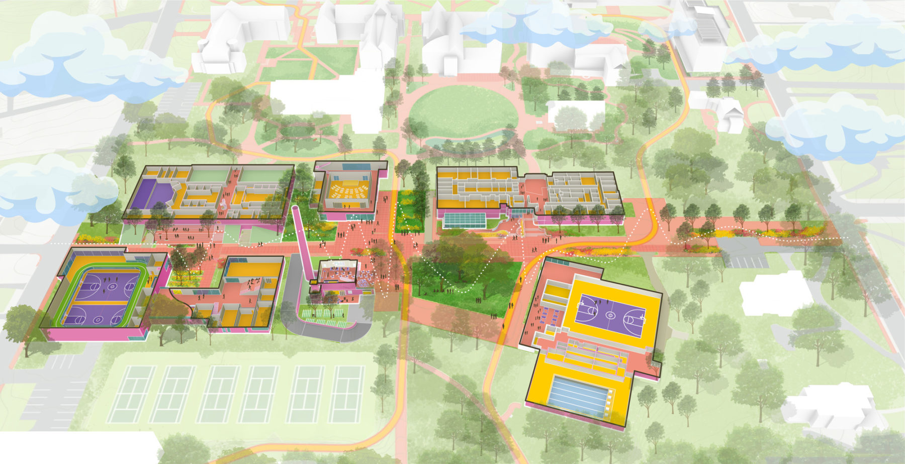 Aerial view showing different facilities and amenities