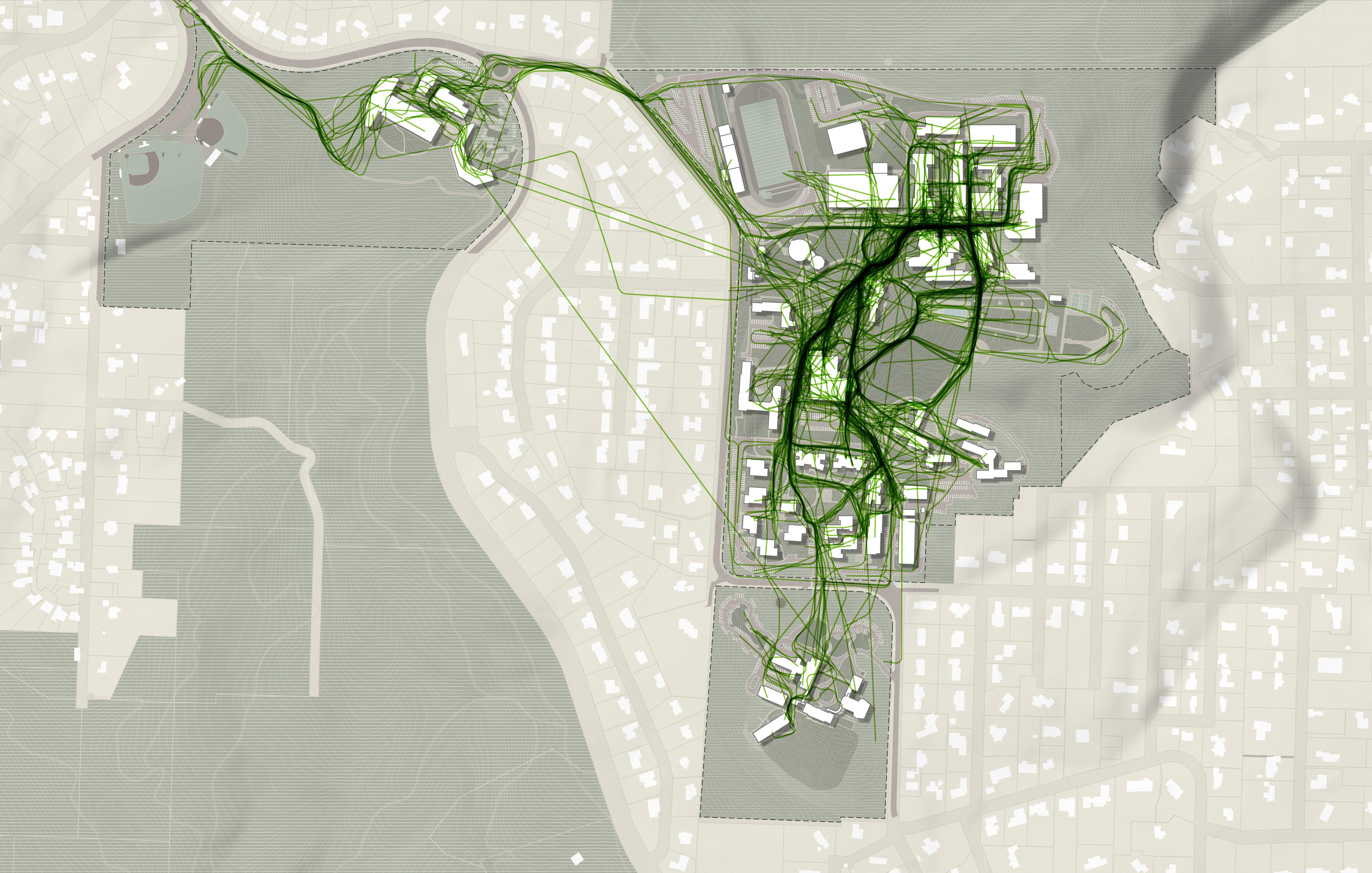 Data visualization showing that most pedestrian movement on campus is concentrated along a campus spine