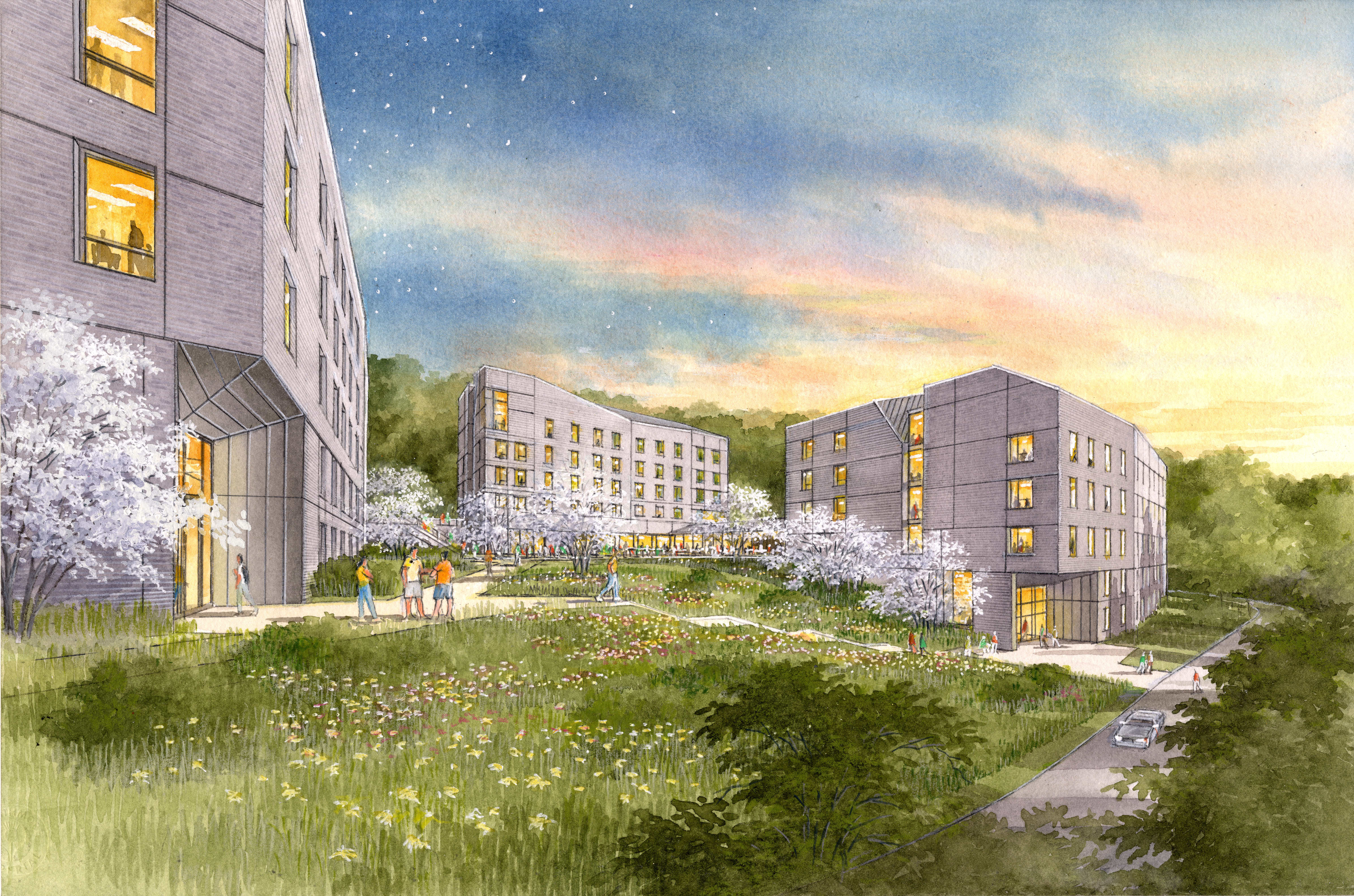 watercolor painting of pollinator garden in front of student housing