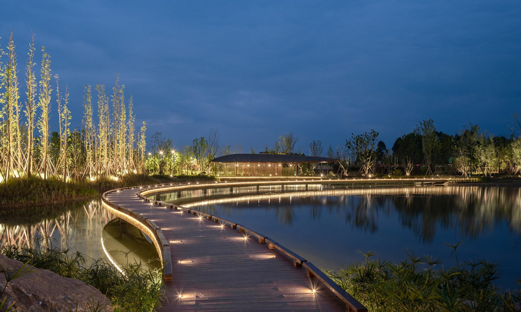 elevated water walkway at night