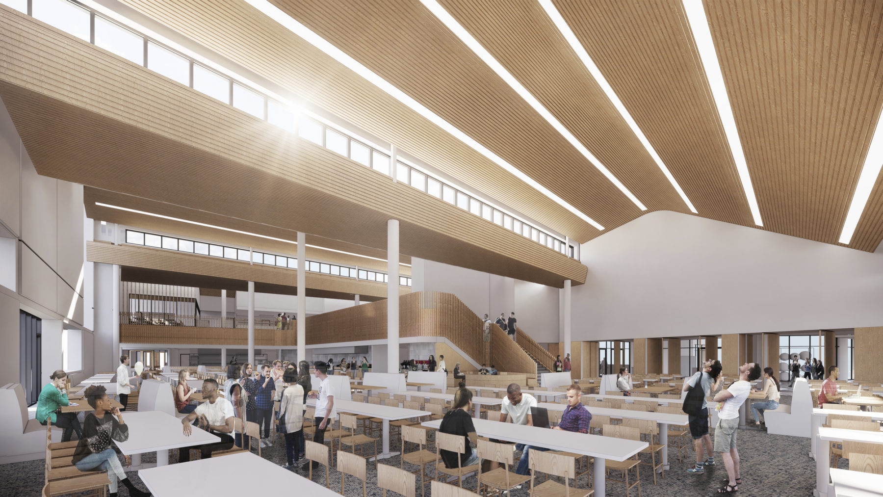 perspective rendering view of dining hall interior, wood ceiling with light streaming in