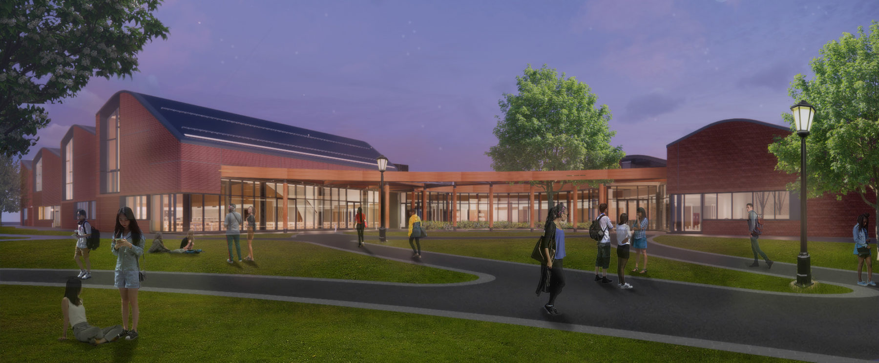 exterior rendering showing grass courtyard and paths connecting campus