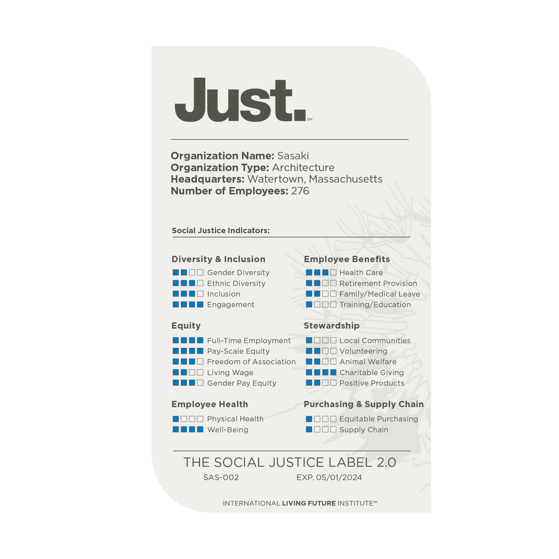 Label with differently categories and criteria assessing achievements in equity, inclusion, and environmental and social sustainability. Stylized like a nutrition label.