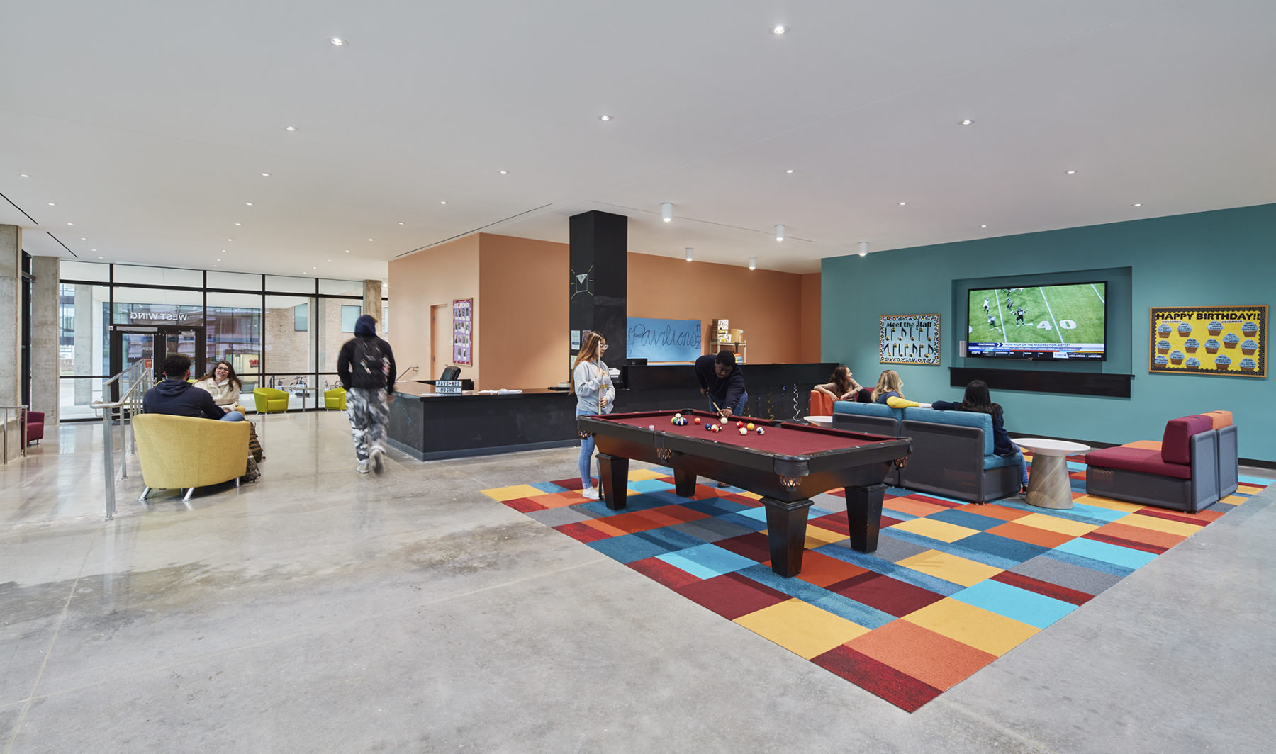 lobby lounge space with students hanging out