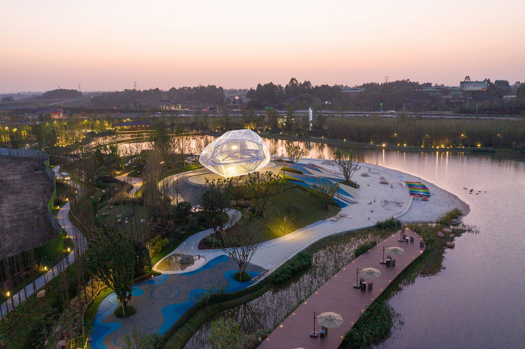 aerial view of park at sunset