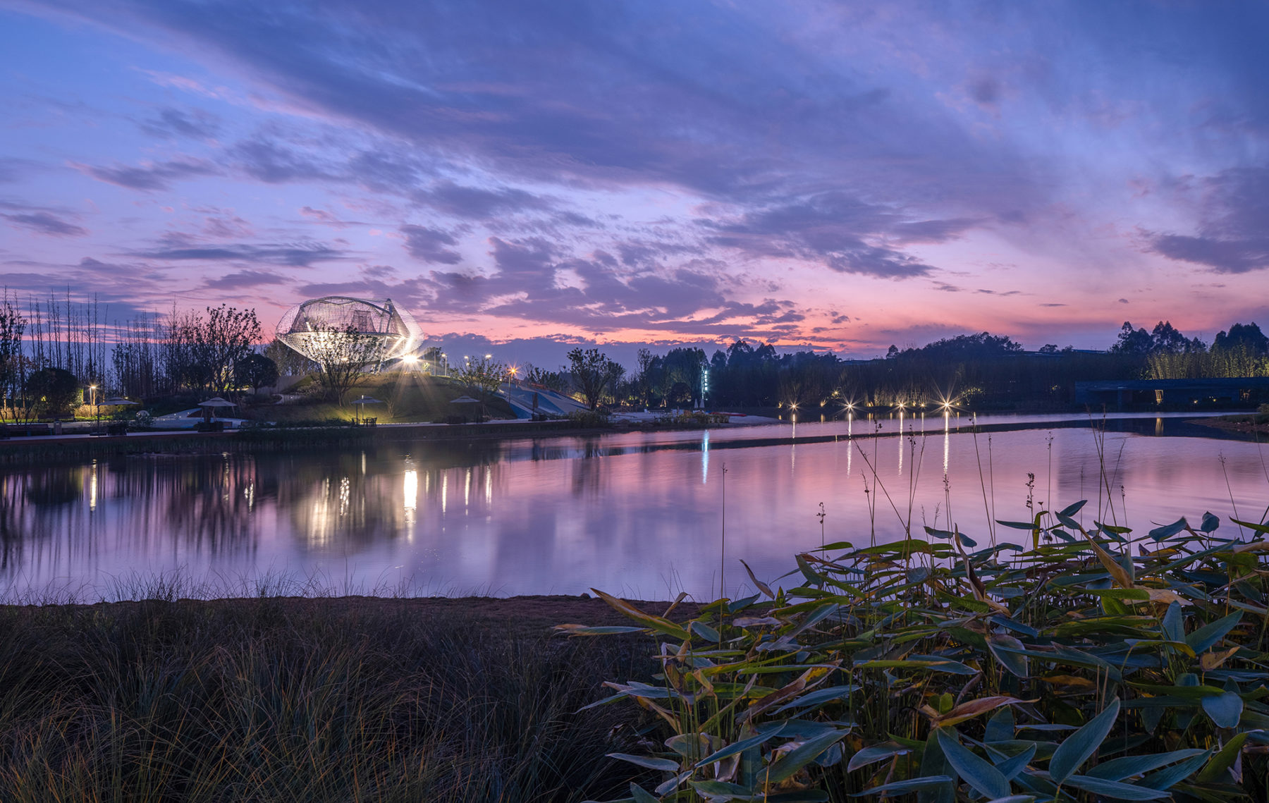 dusk view of park across water, pink colors in sky