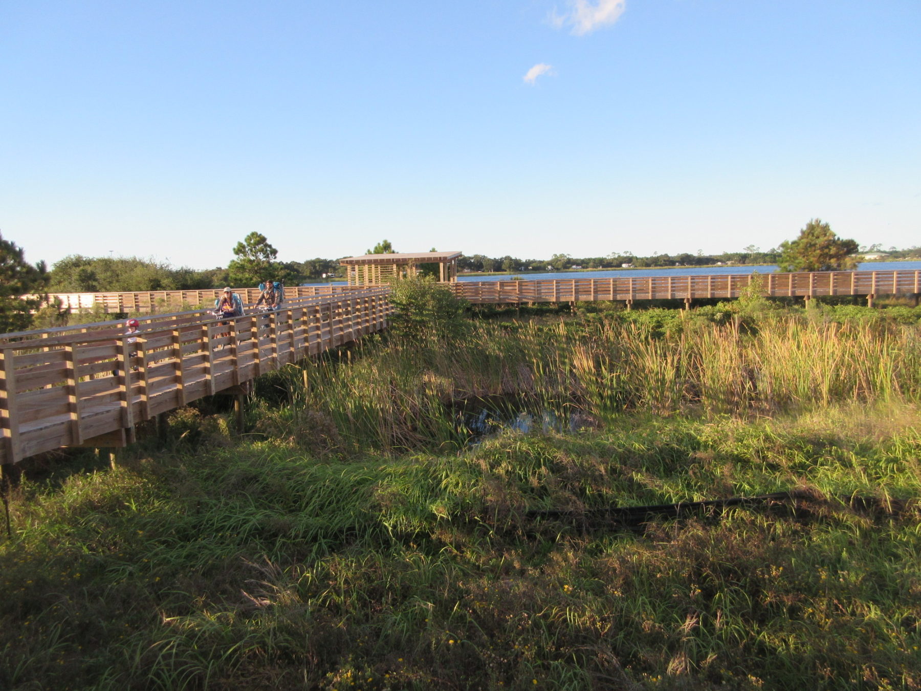 People biking on a boardwalk