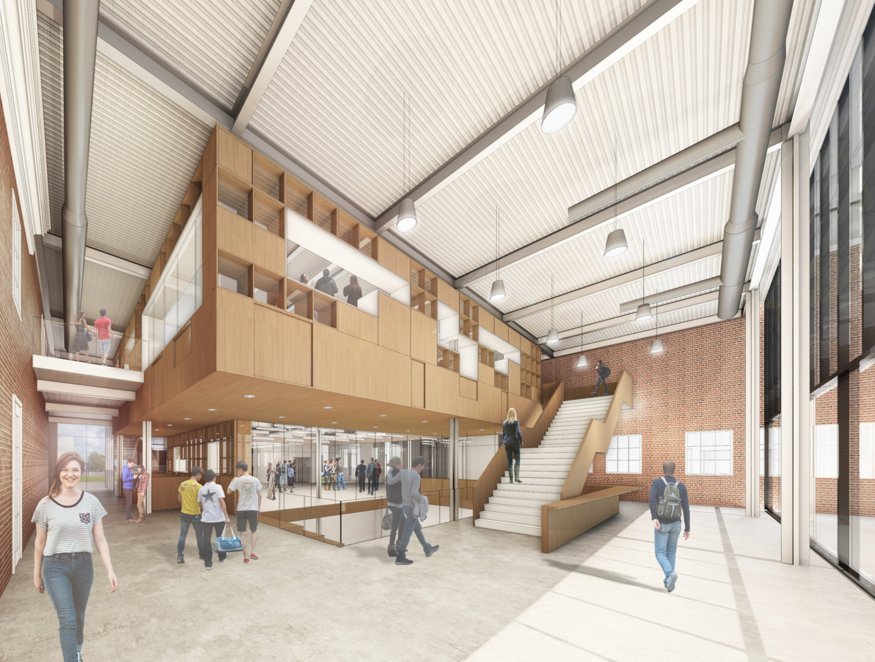 rendering of building interior with students walking around