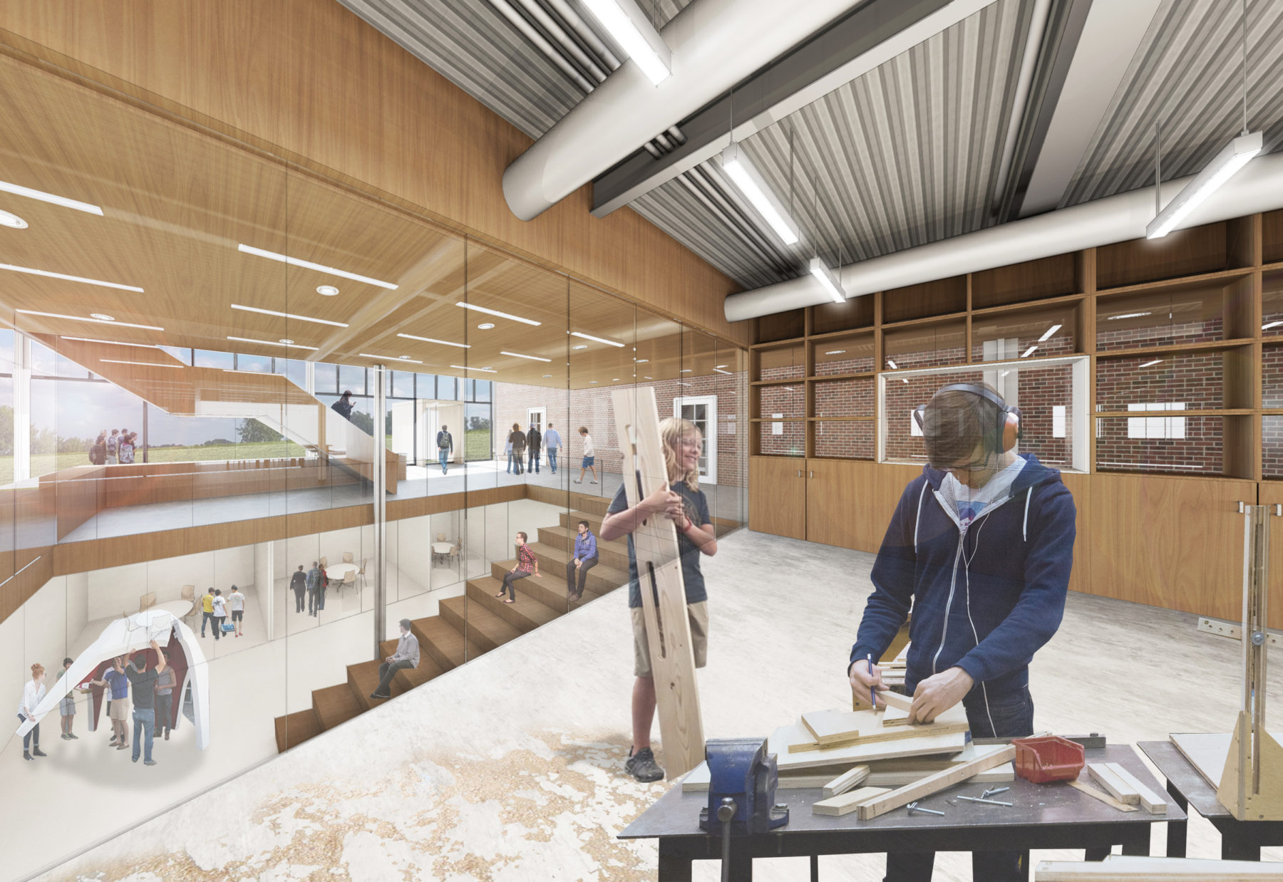 Rendering of building interior with two students woodworking