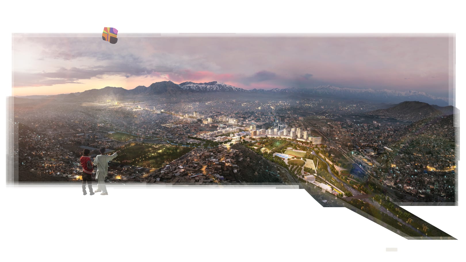 Two children flying a kite in front of rendering of City of Kabul