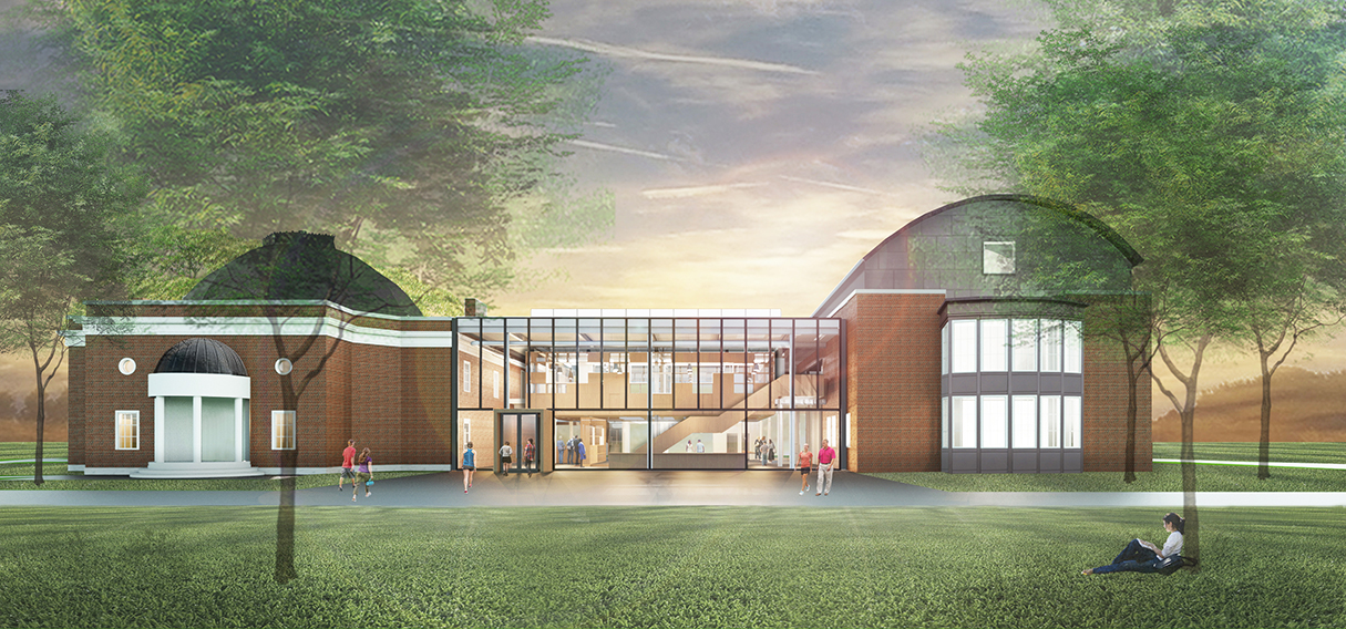 Rendering of a building with large windows and green lawn