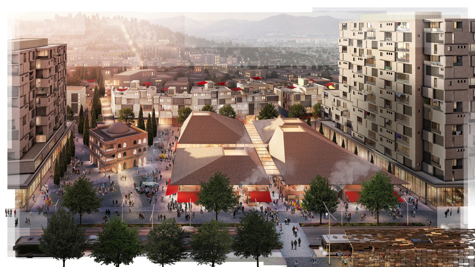 Aerial view of buildings in square