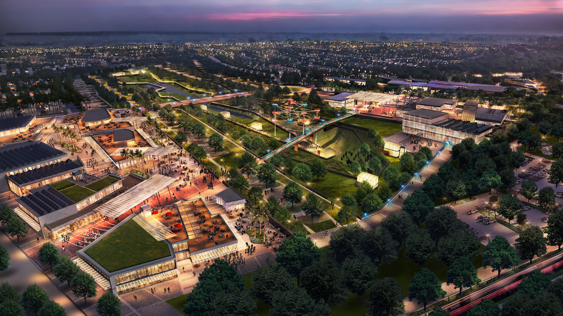 nighttime aerial view of new community