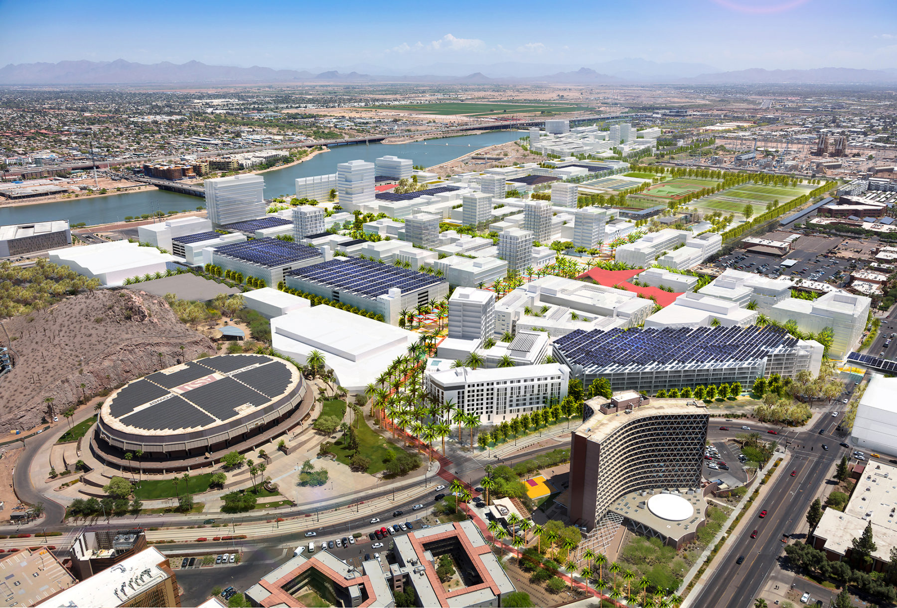 aerial perspective of site area with proposed design overlay