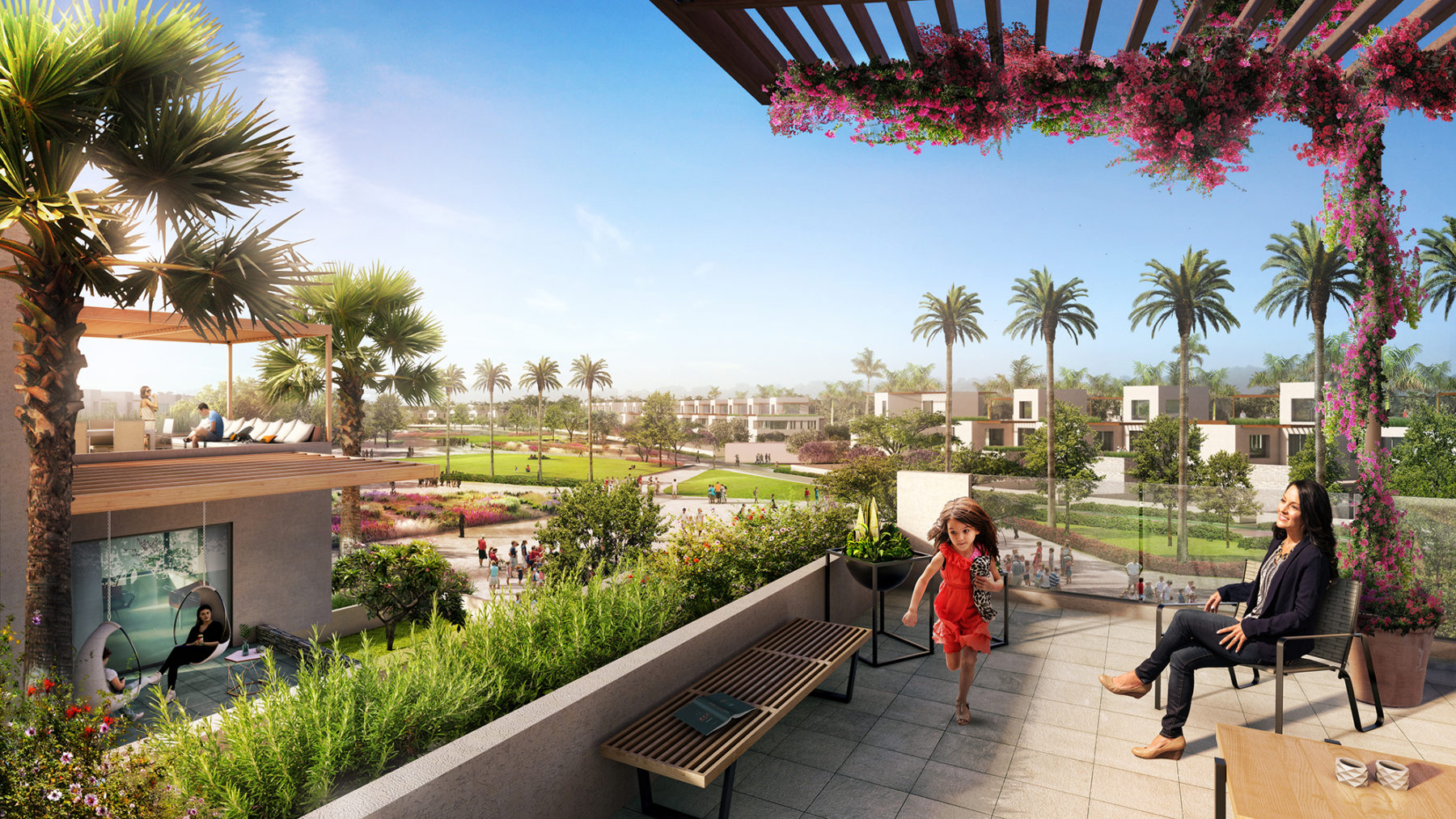 perspective rendering on balcony, showing mixed-use community