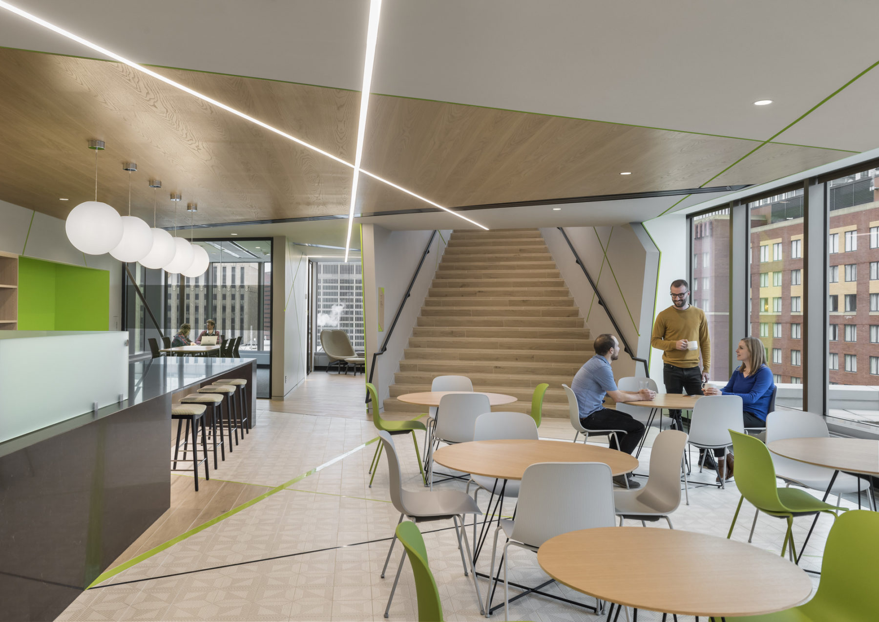 View of cafe and workspace at Akamai Global Headquarters