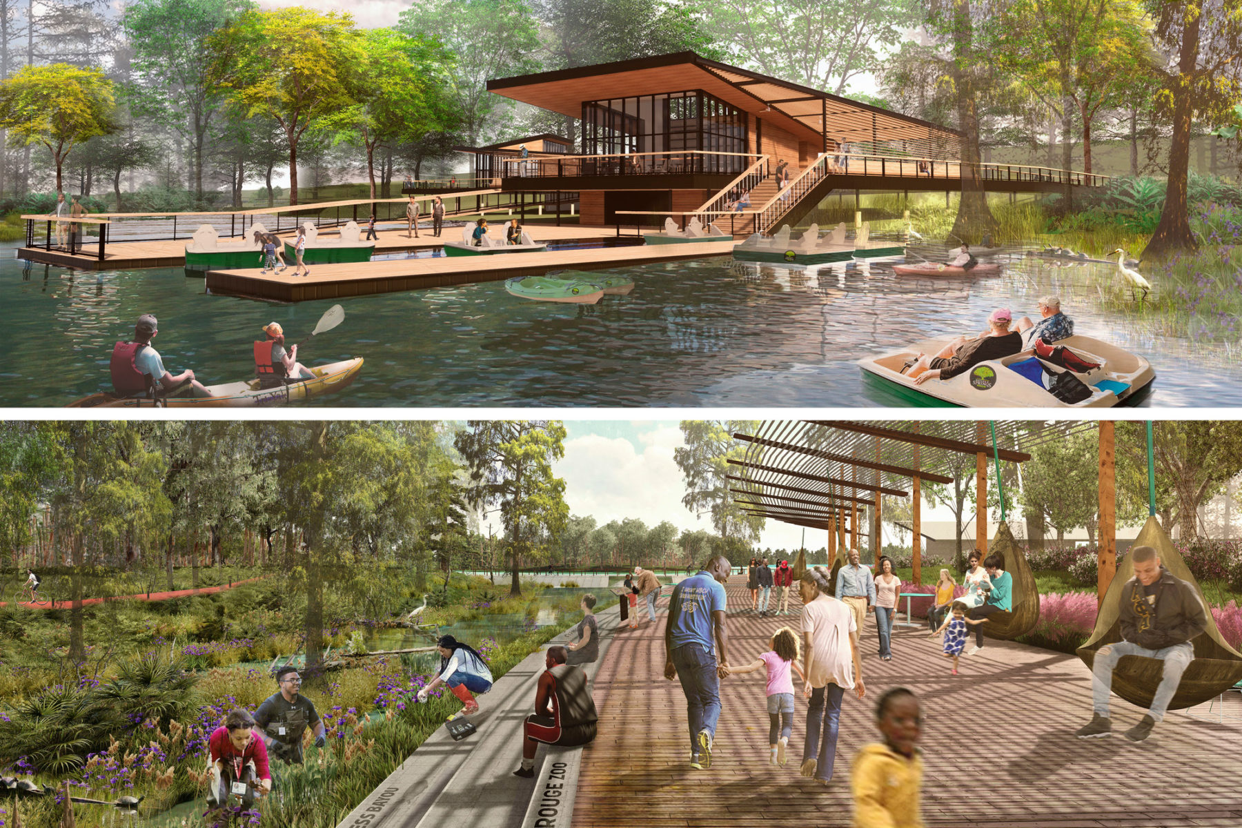 Two images: top image image is a rendering of people boating to the new nature center, bottom image is people walking around on the new nature walk