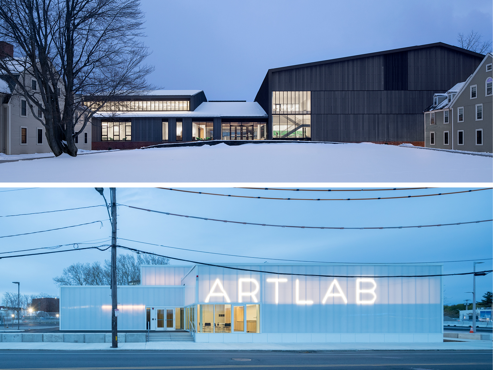 Top image is exterior of fieldhouse in the snow, bottom image is exterior of building at dusk