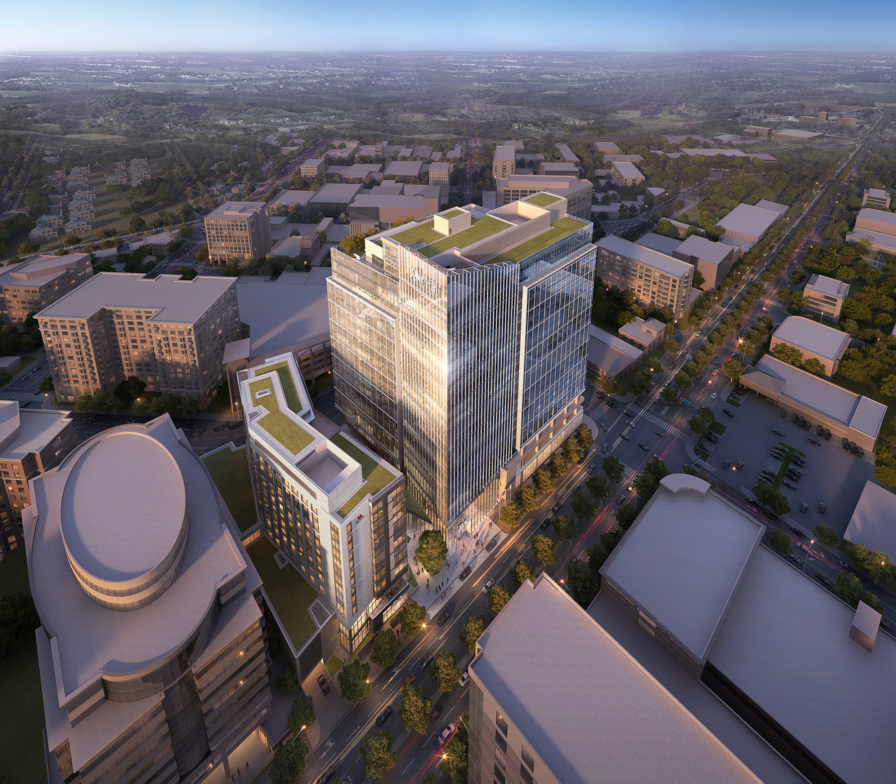 aerial rendering of hotel and surrounding landscape