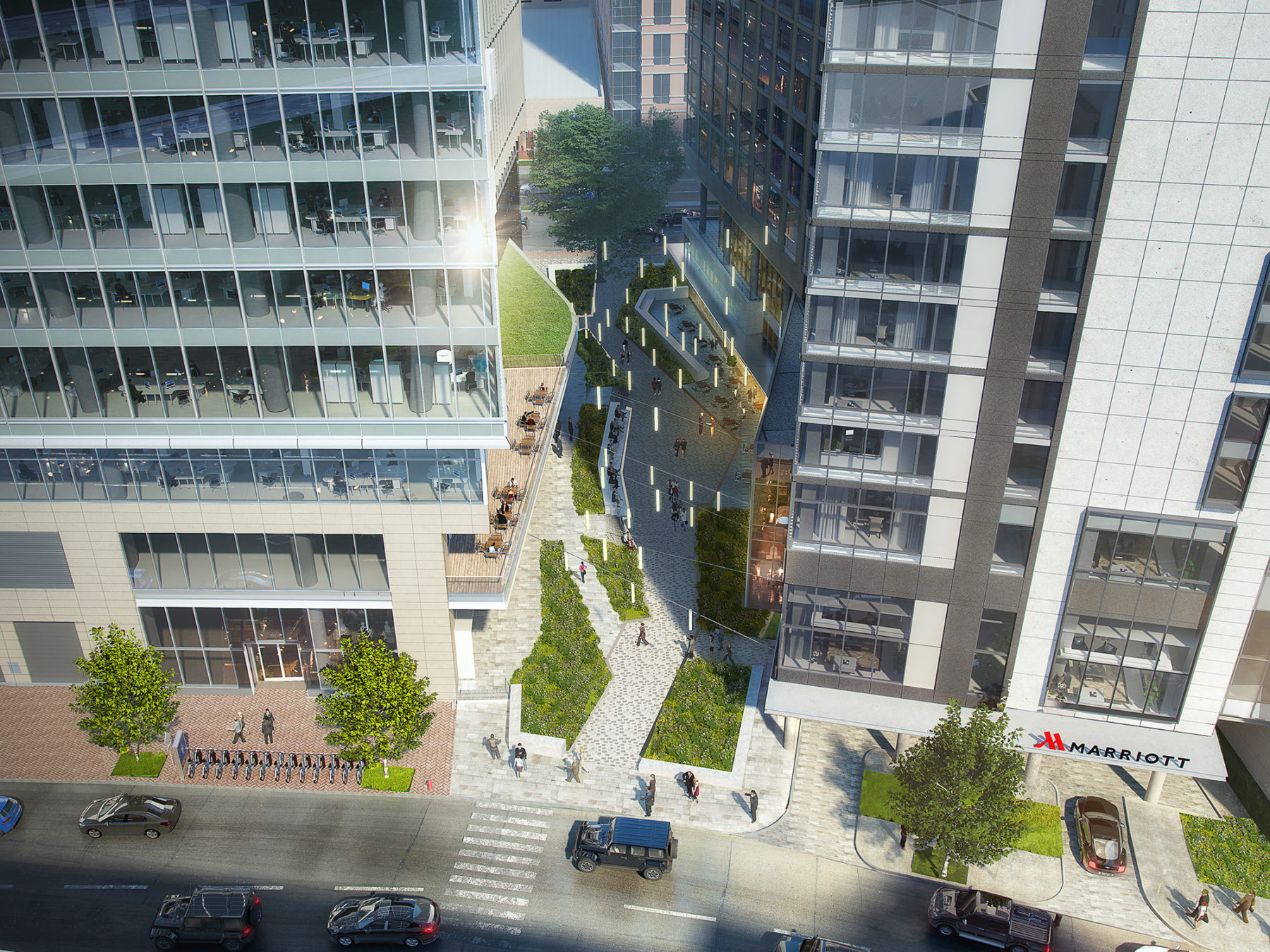 aerial perspective rendering looking down landscaped corridor