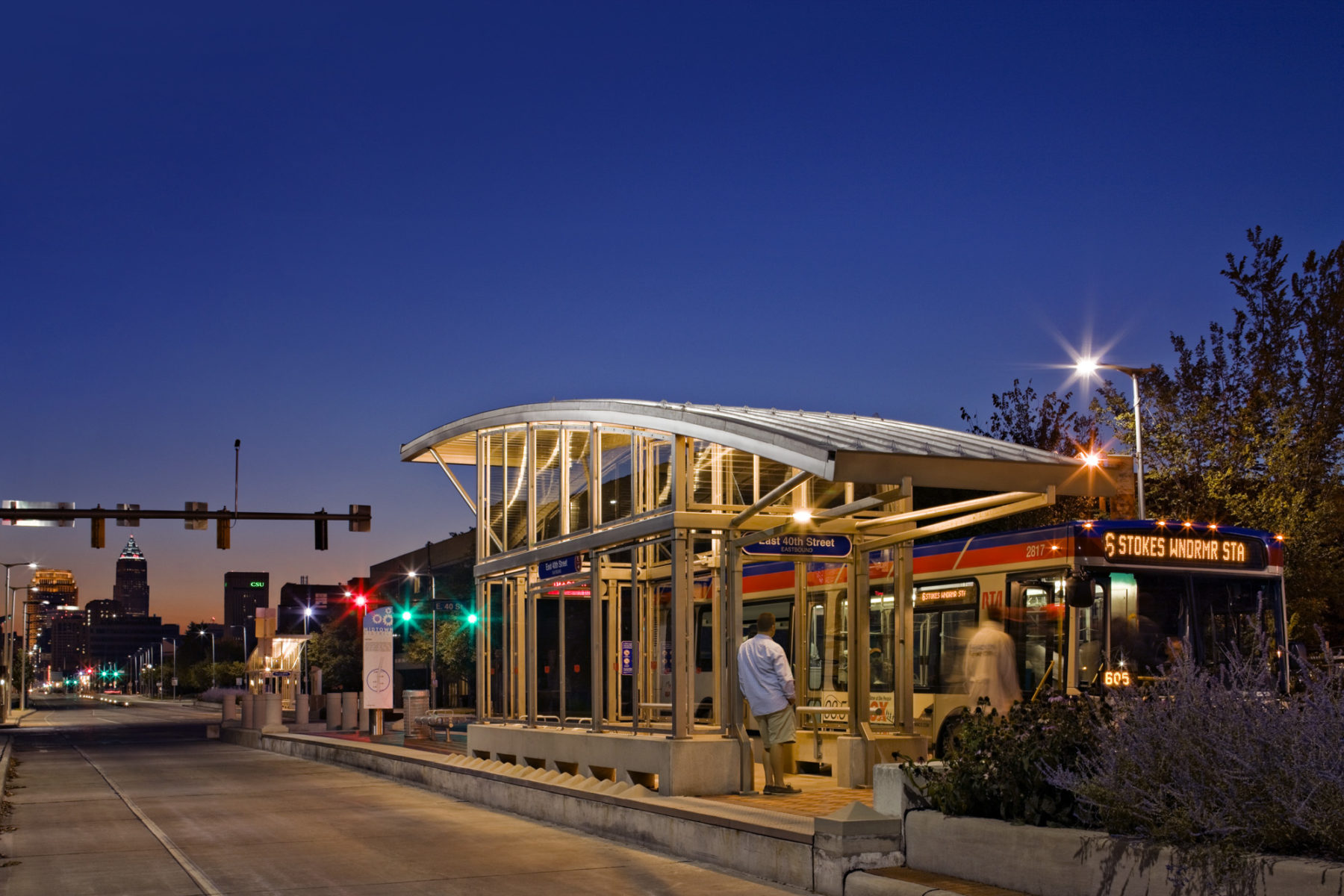 photo at dusk of BRT bus stop