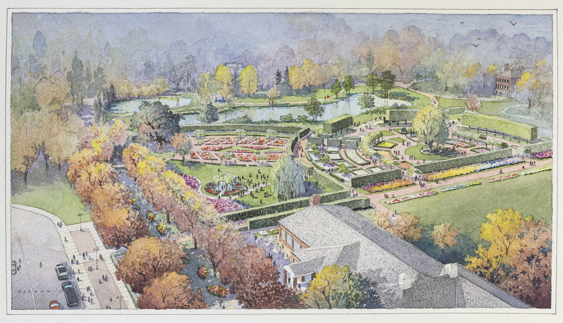 watercolor painting of aerial view of the park