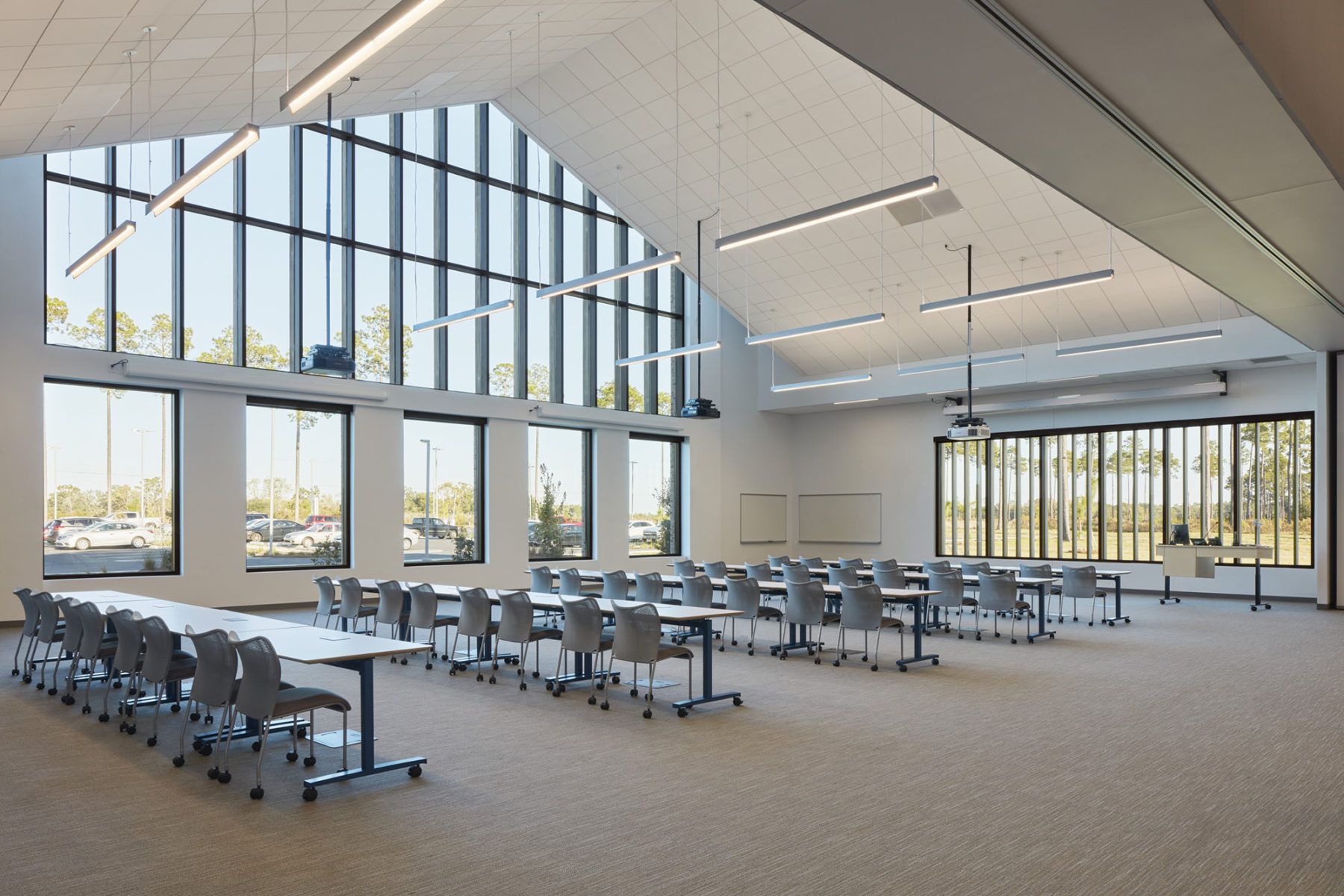 large classroom with operable partitions opens into an even larger learning space