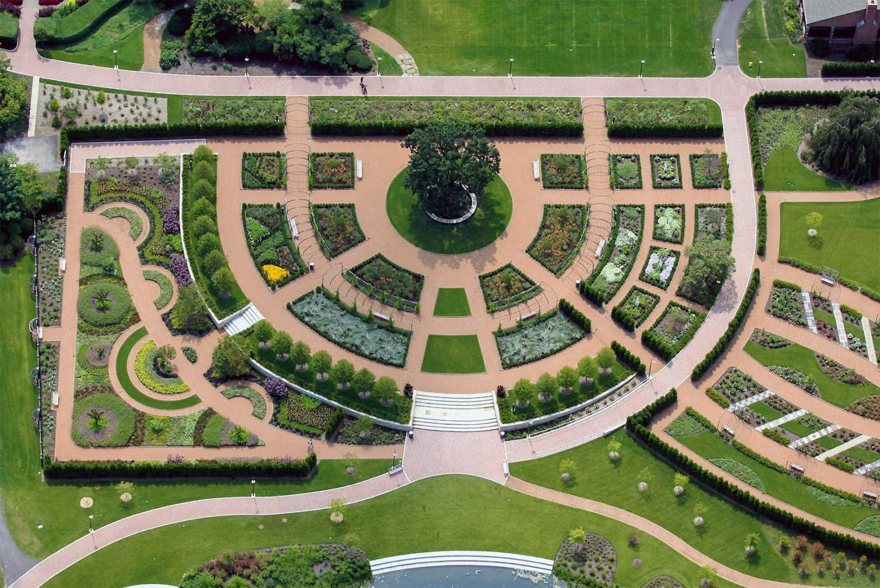 aerial photo of manicured gardens