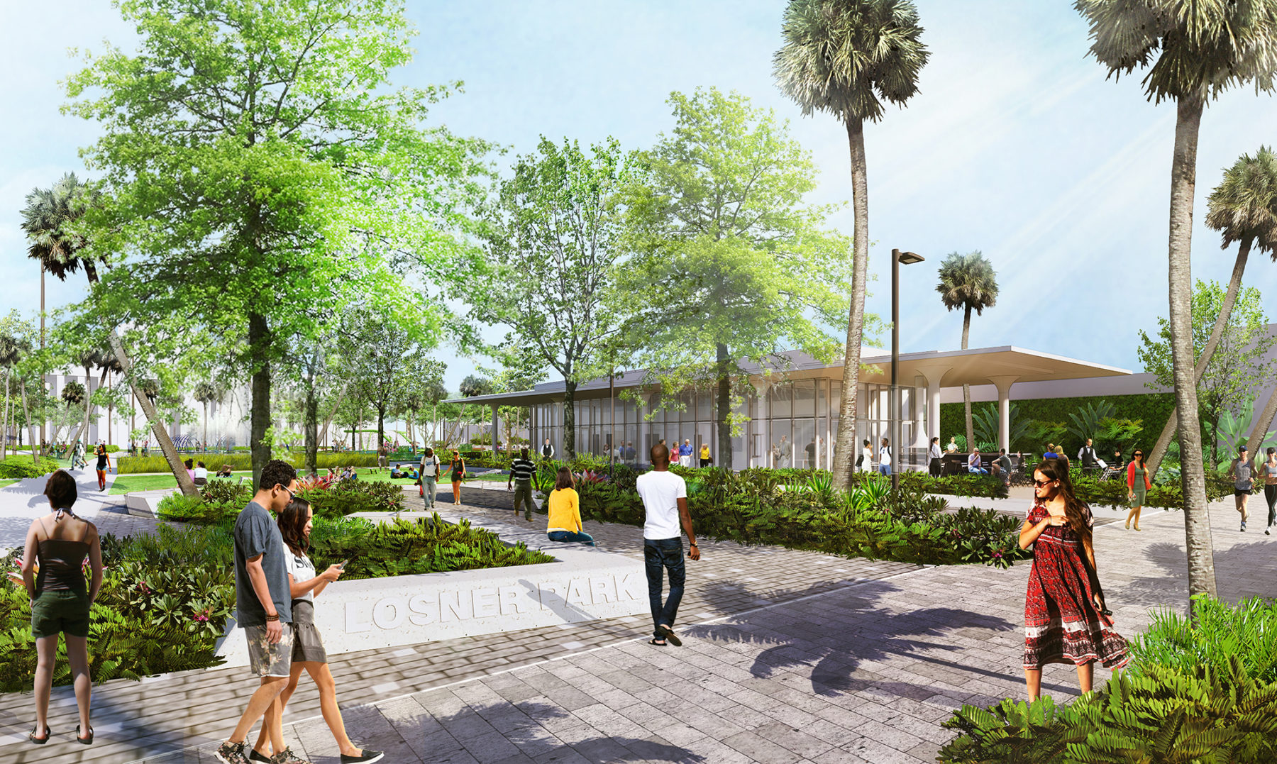 perspective rendering of park entry with palm trees