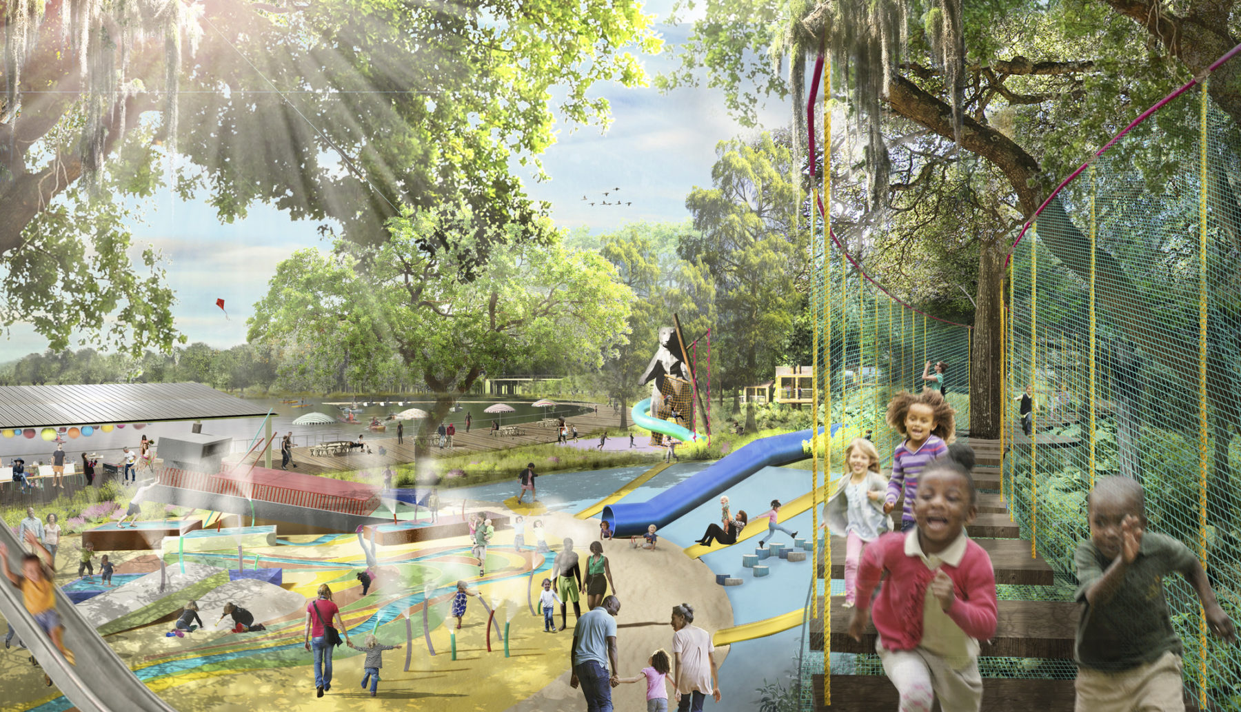 rendering of kids running through park