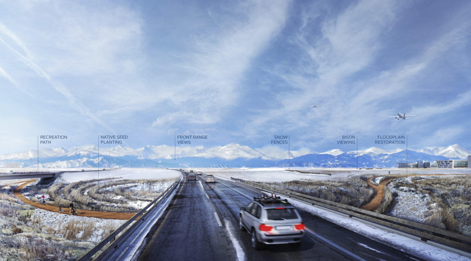 car drives down a road toward mountains