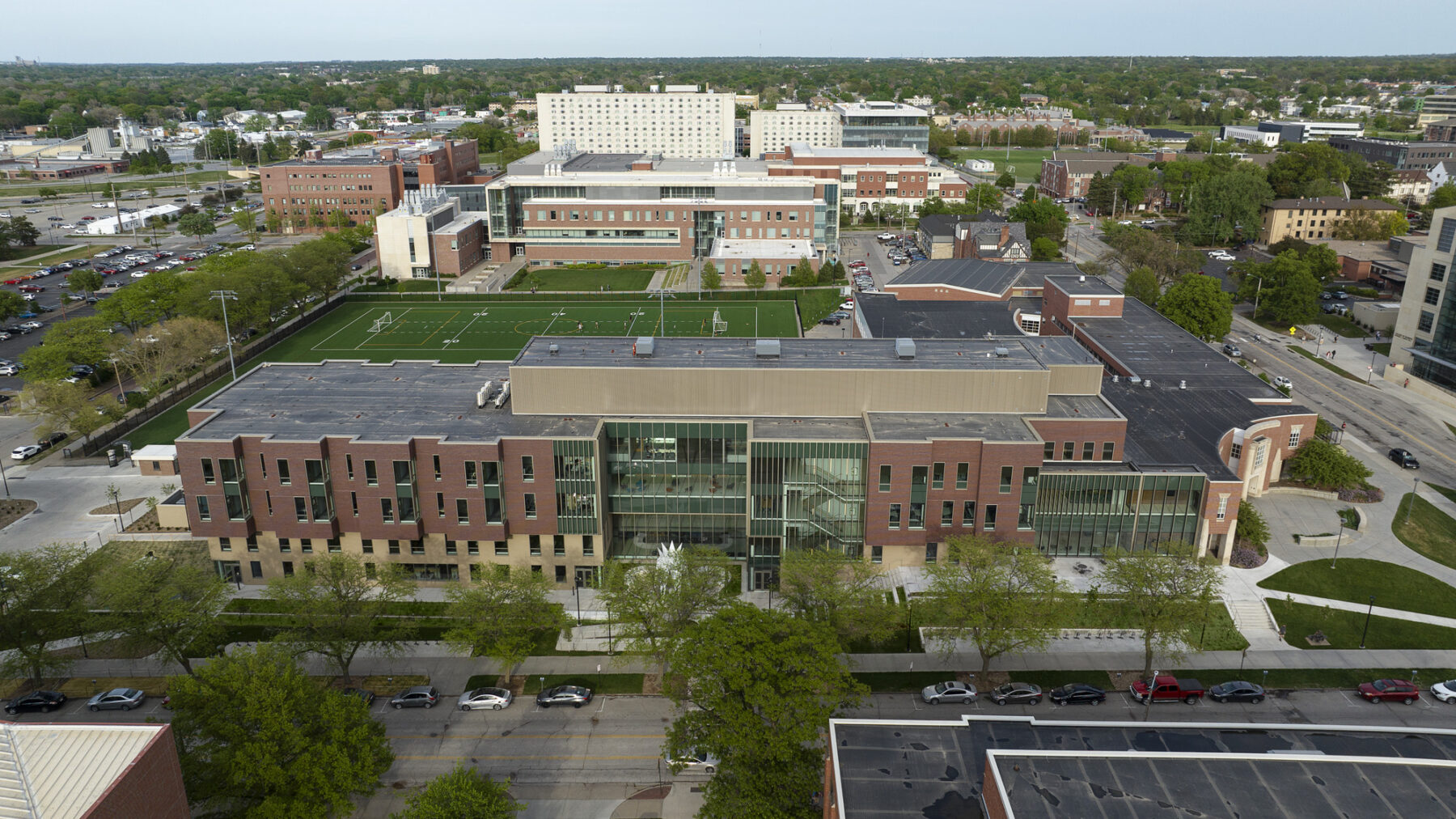 Aerial photograph facing the new building with the street view