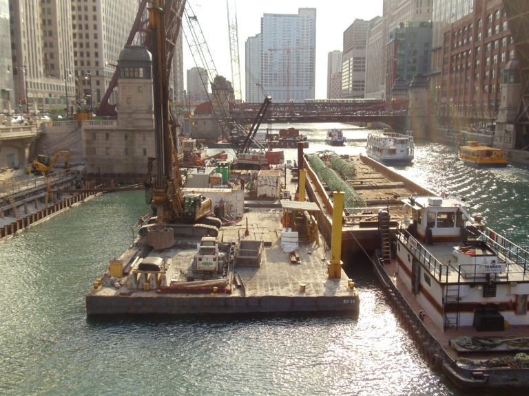 a photo of a construction site on a river