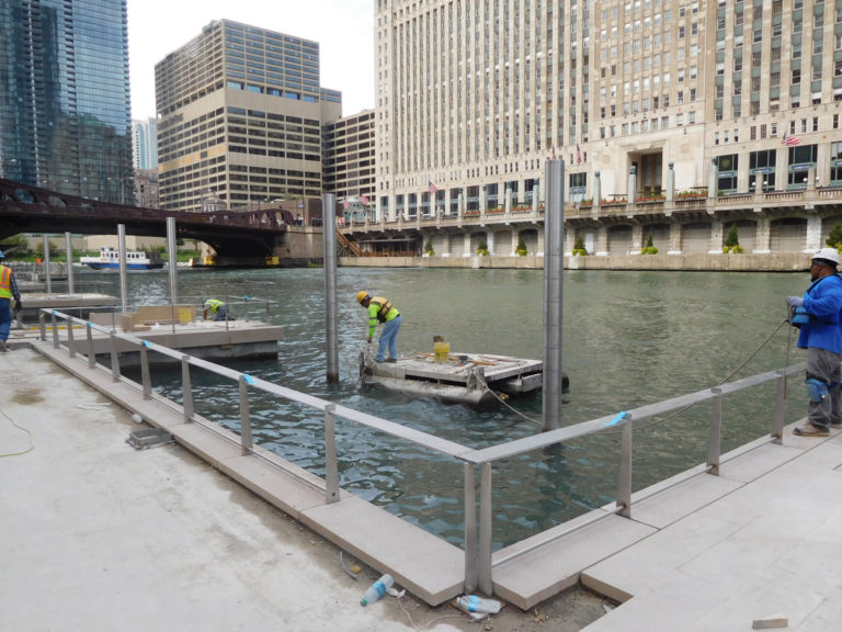 a photo of a construction site on a river