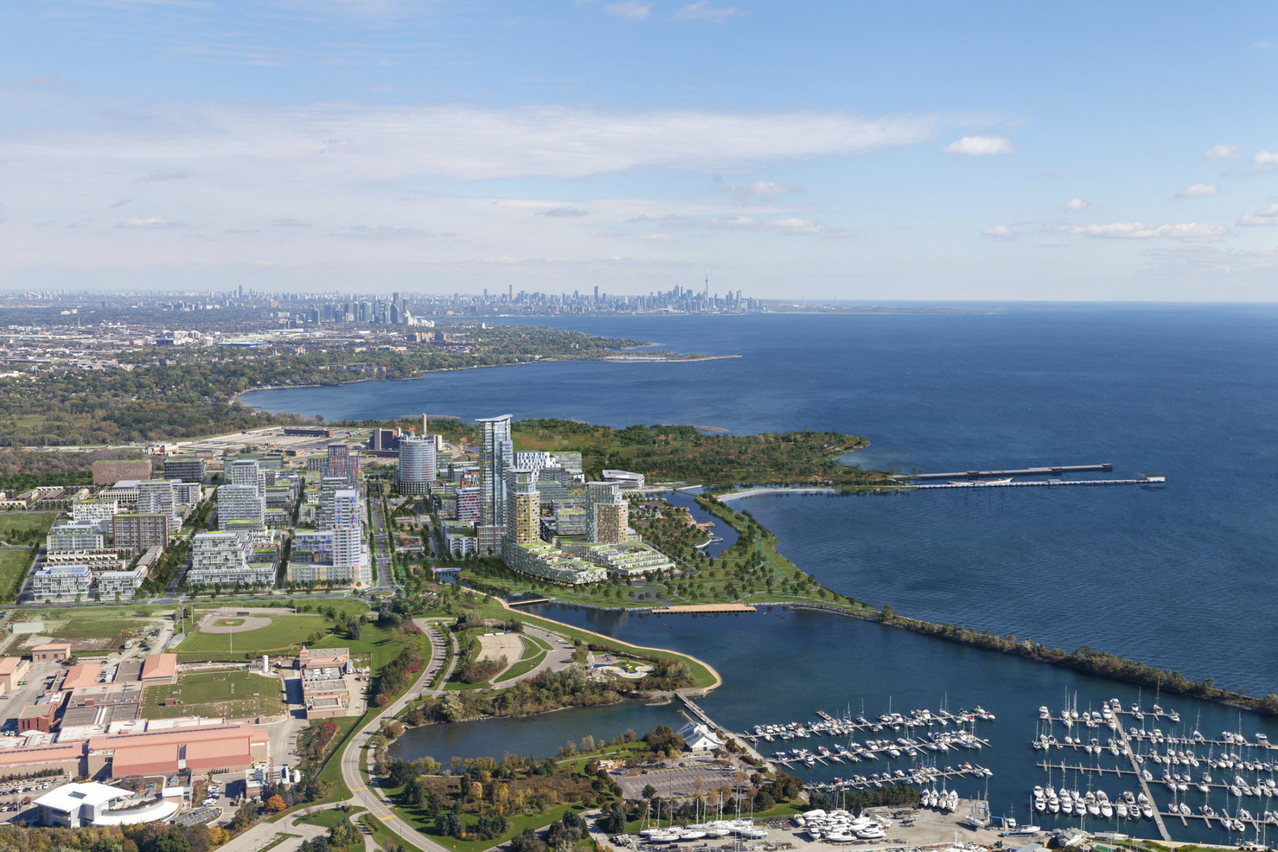 An aerial rendering of Toronto's Lakeview Village