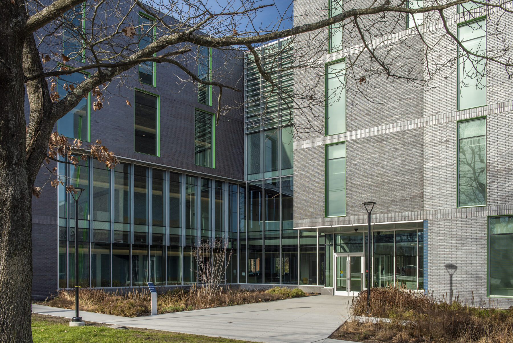 perspective photograph of walkway leading to entrance of building