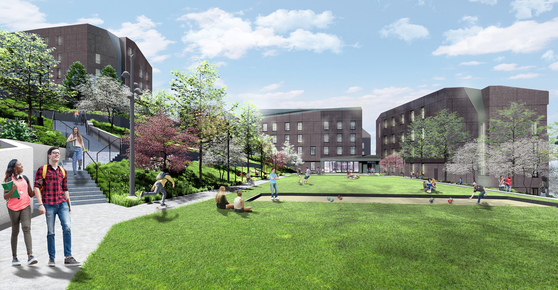 rendering of green lawn leading up to residence buildings