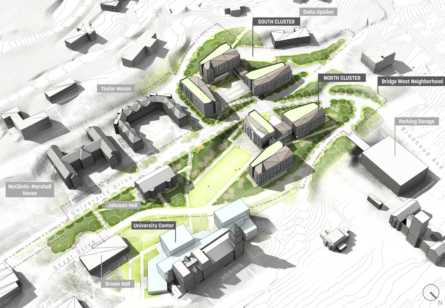 axon diagram of new campus neighborhood featuring new housing