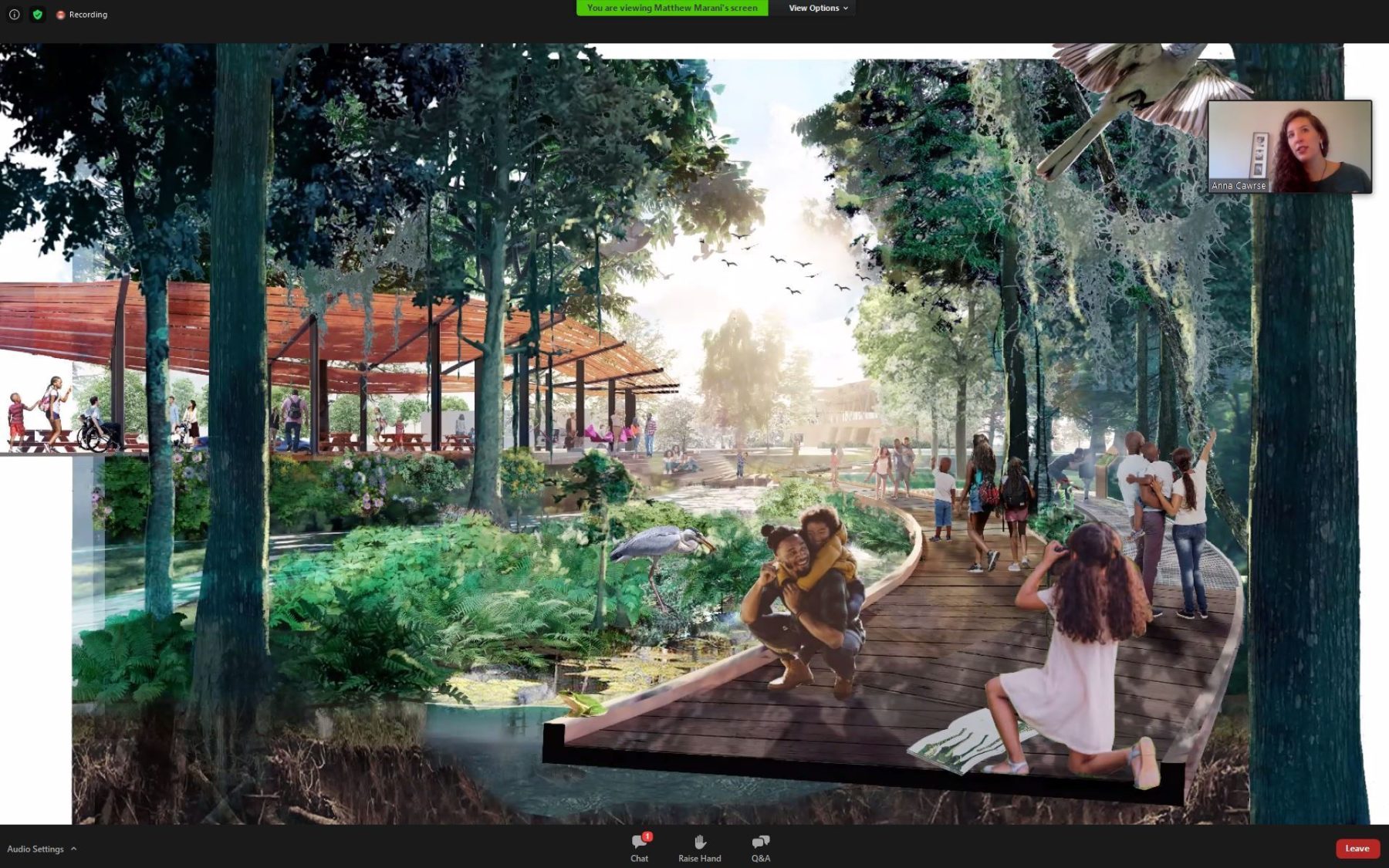 Rendering of a new, wild Bayou Promenade with families enjoying the boardwalk