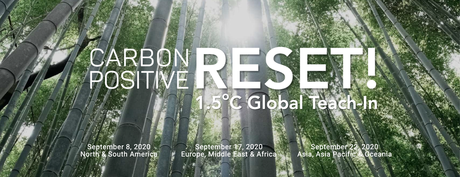 Graphic that reads Carbon Positive Reset overlaid on Image of trees