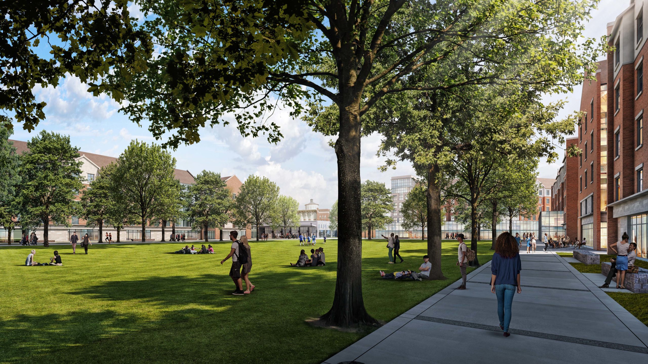 Rendering of students recreating on tree-lined campus quad