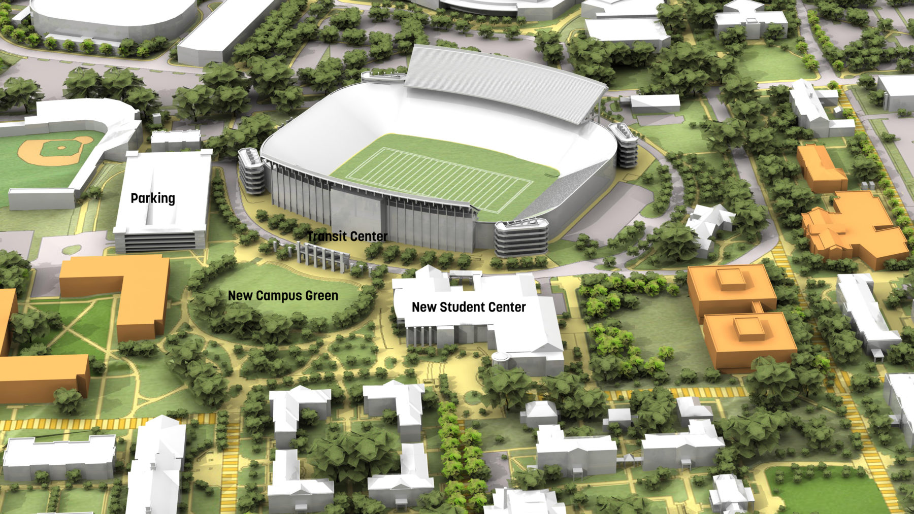 Aerial rendering of University's Campus Green & Student Center