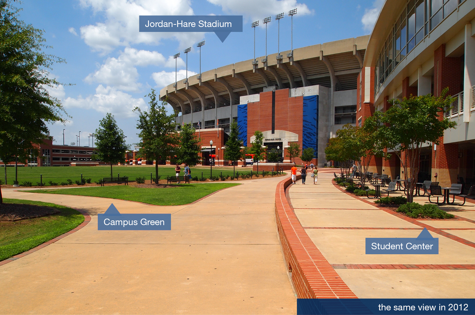 Two buildings--a stadium and a student center -- and a campus green