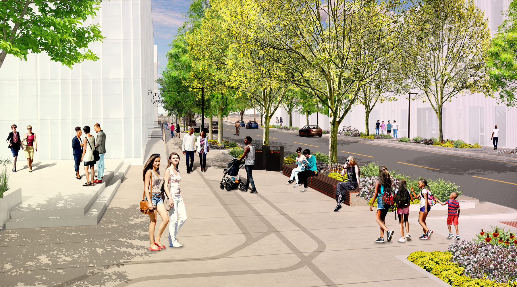Daytime rendering of streetscape with pedestrians enjoying broad sidewalk