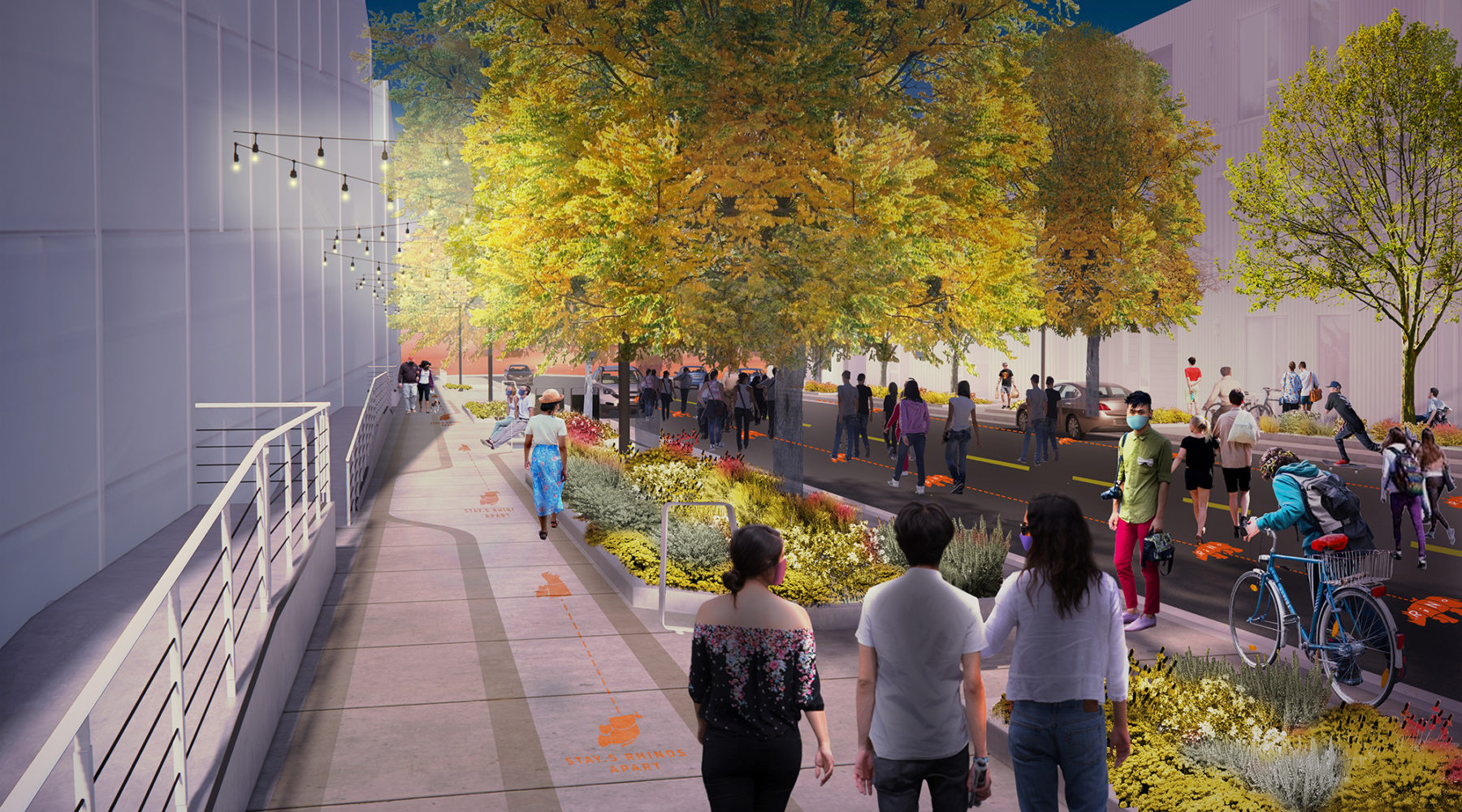 Night time rendering of Wynkoop street full of pedestrians lining both sides