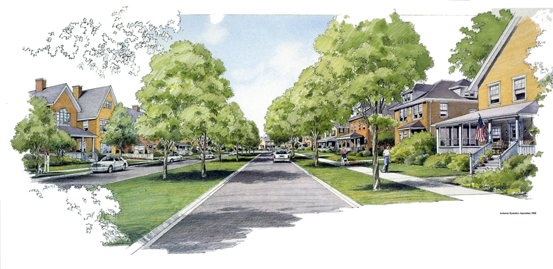 Rendered watercolor drawing of a street level view in the plan