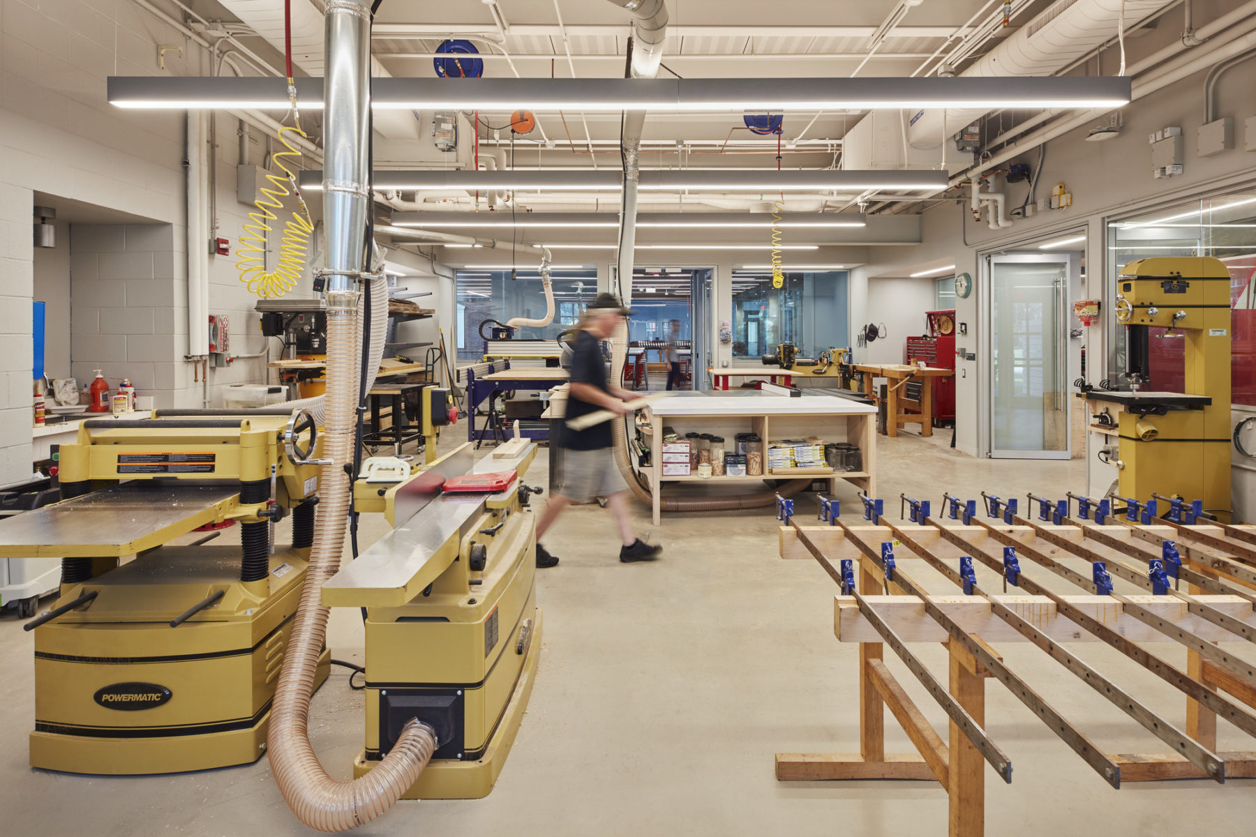 interior photo of maker space, equipment in foreground