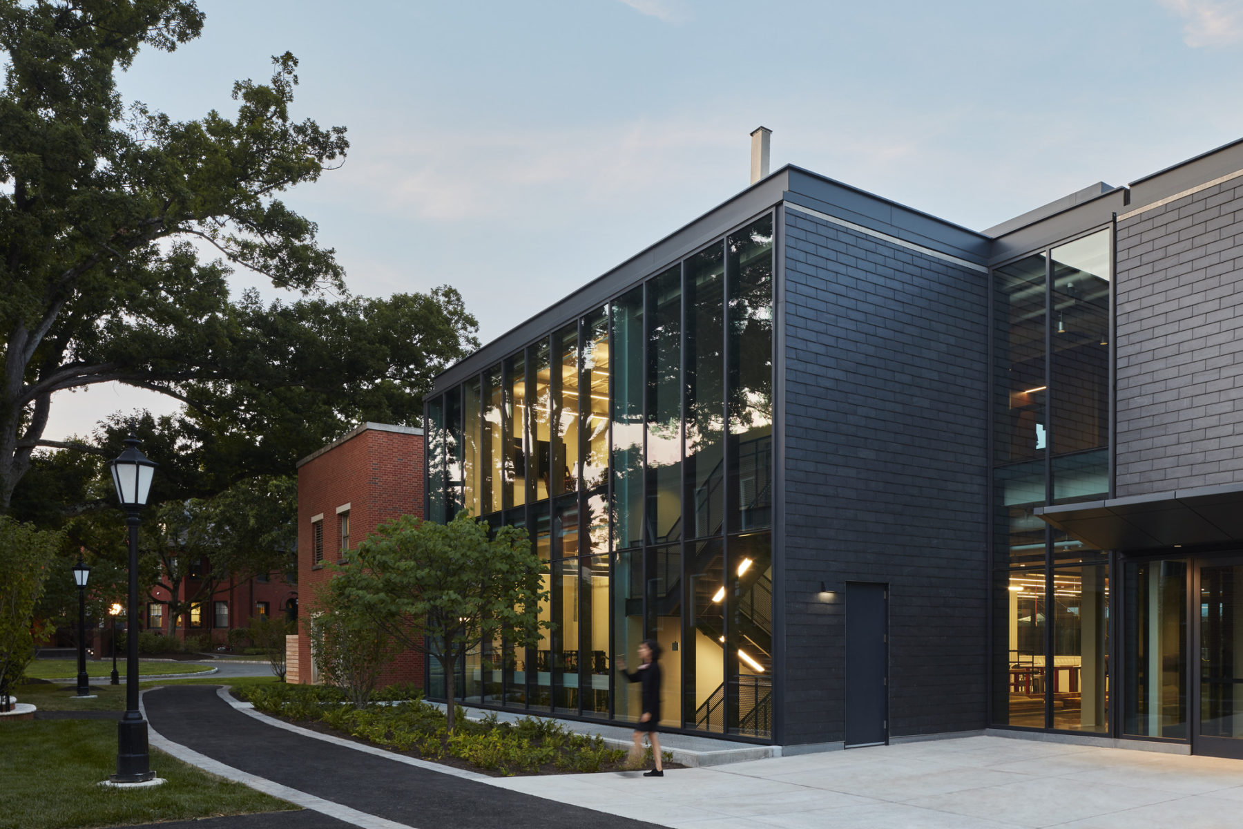 exterior dusk photo of glass curtainwall