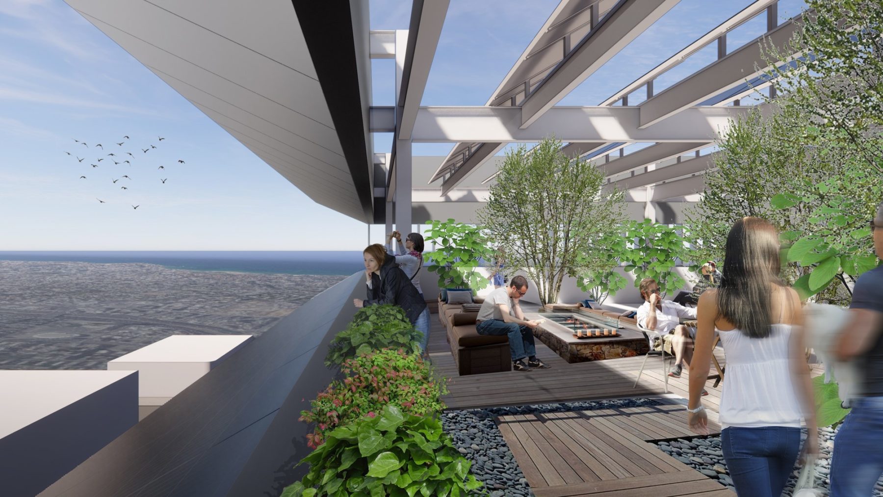 Rendering of woman looking out over view of ocean below an open-air roof-deck